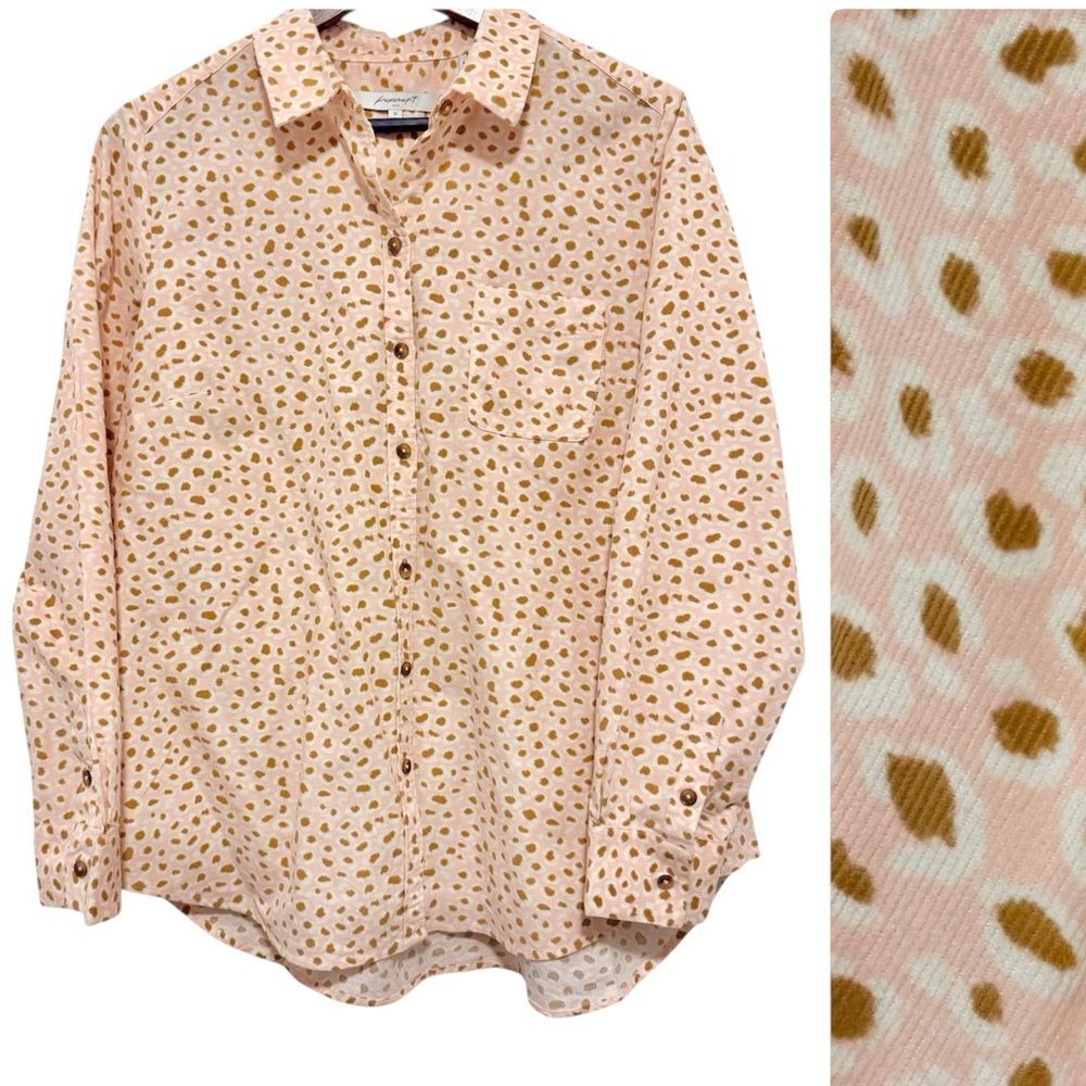 Foxcroft Corduroy Collared Button Down Pink Animal Print Long Sleeve 14 Relaxed